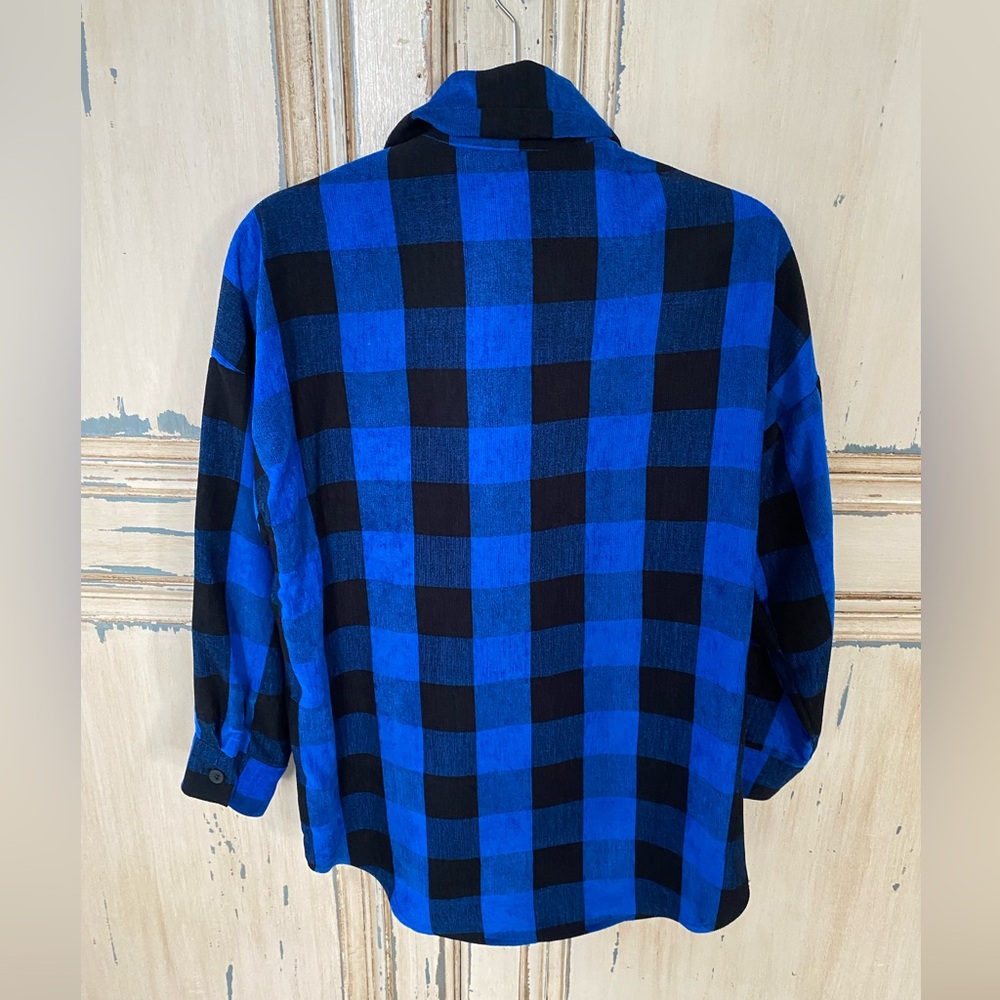 Zara Basic Blue & Black Check Thin Corduroy Shirt… - image 2